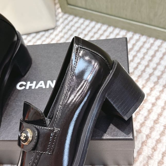 CHANEL 25S GODDESS MOCCASIN LOAFERS 65MM IN BLACK GLOSSY CALFSKIN GOLD HARDWARE