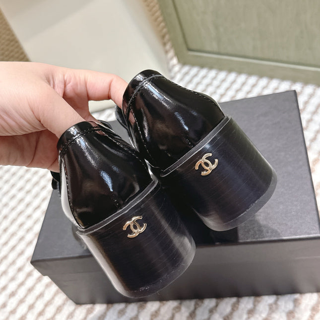 CHANEL 25S GODDESS MOCCASIN LOAFERS 65MM IN BLACK GLOSSY CALFSKIN GOLD HARDWARE