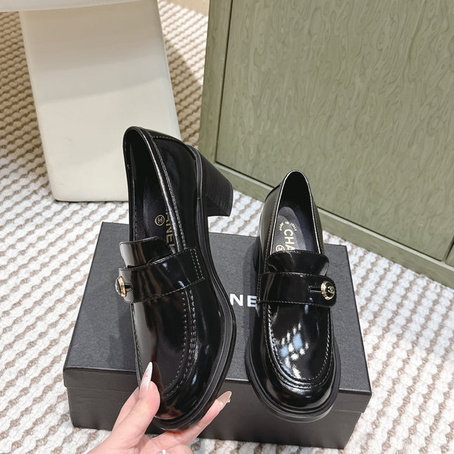 CHANEL 25S GODDESS MOCCASIN LOAFERS 65MM IN BLACK GLOSSY CALFSKIN GOLD HARDWARE