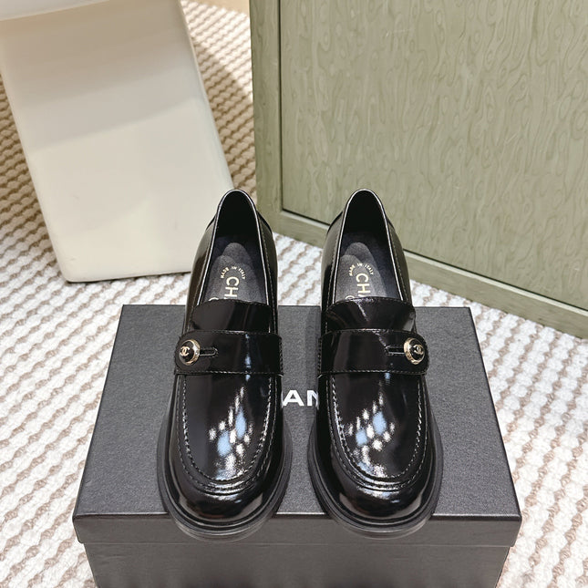 CHANEL 25S GODDESS MOCCASIN LOAFERS 65MM IN BLACK GLOSSY CALFSKIN GOLD HARDWARE