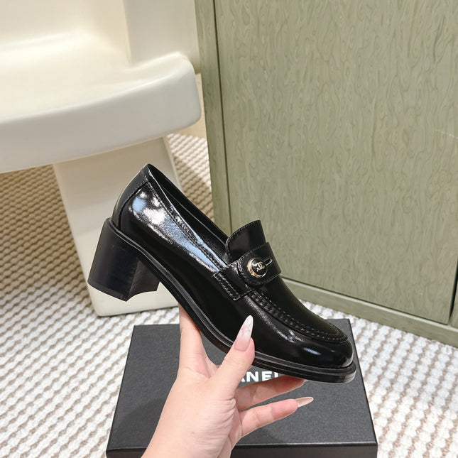 CHANEL 25S GODDESS MOCCASIN LOAFERS 65MM IN BLACK GLOSSY CALFSKIN GOLD HARDWARE