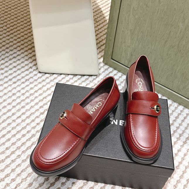 CHANEL 25S GODDESS MOCCASIN LOAFERS 65MM IN DARK RED CALFSKIN GOLD HARDWARE