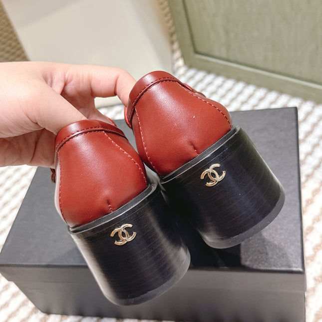 CHANEL 25S GODDESS MOCCASIN LOAFERS 65MM IN DARK RED CALFSKIN GOLD HARDWARE