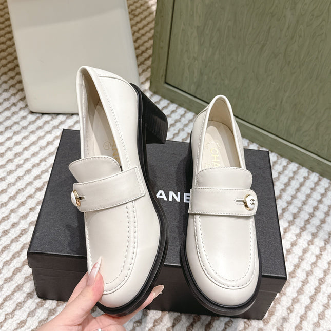 CHANEL 25S GODDESS MOCCASIN LOAFERS 65MM IN WHITE CALFSKIN GOLD HARDWARE