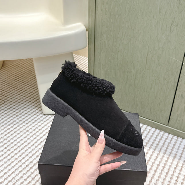 CHANEL 25S SHORT SUEDE BOOTS IN BLACK WITH SHEEPSKIN LINING
