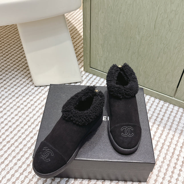 CHANEL 25S SHORT SUEDE BOOTS IN BLACK WITH SHEEPSKIN LINING
