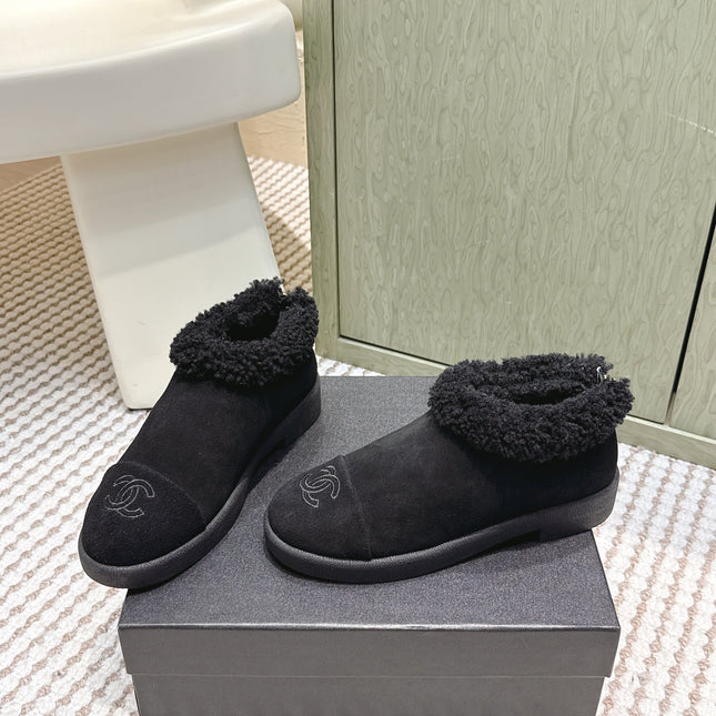 CHANEL 25S SHORT SUEDE BOOTS IN BLACK WITH SHEEPSKIN LINING