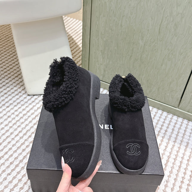CHANEL 25S SHORT SUEDE BOOTS IN BLACK WITH SHEEPSKIN LINING