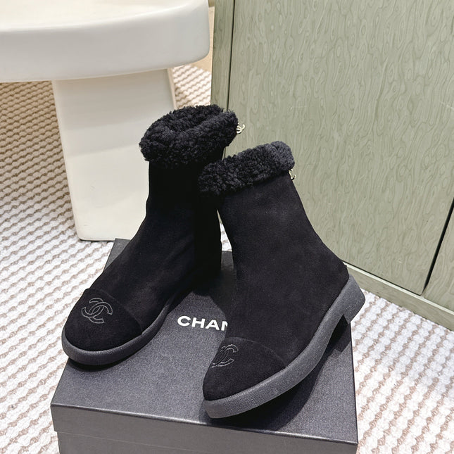 CHANEL 25S CALF-HIGH BOOTS IN BLACK SUEDE LINED WITH SHEEPSKIN