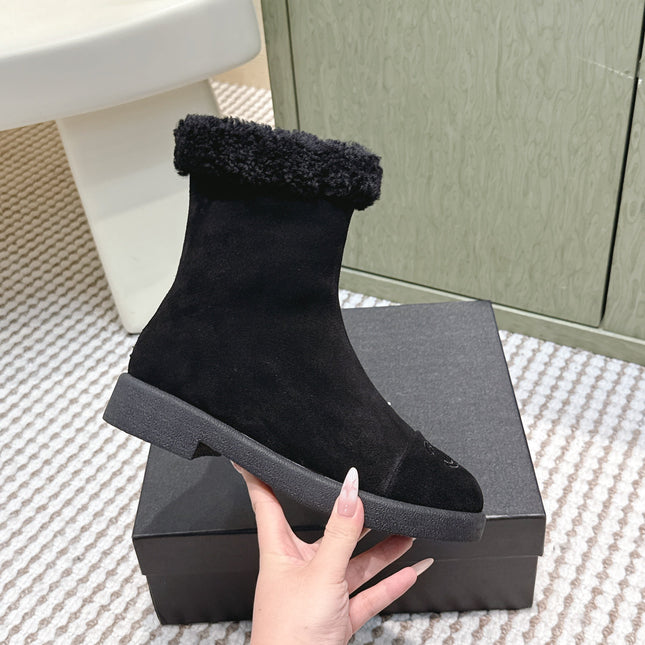 CHANEL 25S CALF-HIGH BOOTS IN BLACK SUEDE LINED WITH SHEEPSKIN