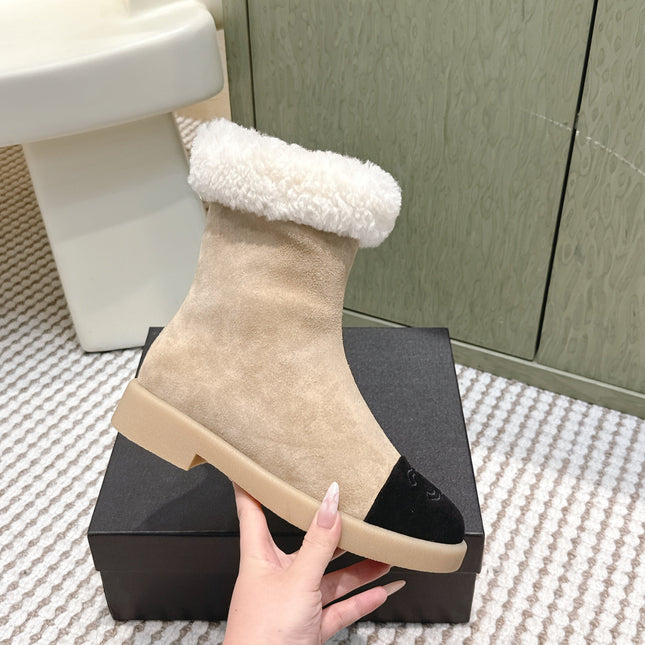 CHANEL 25S CALF-HIGH BOOTS IN BLACK AND BEIGE SUEDE LINED WITH SHEEPSKIN