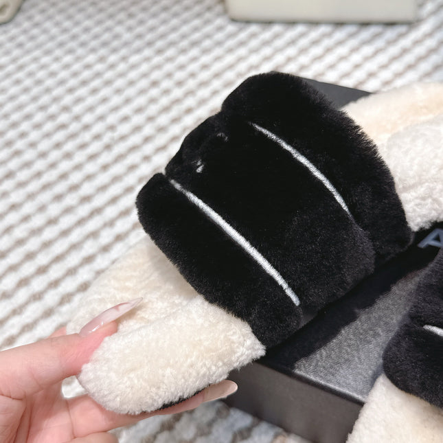 CHANEL 25S FLUFFY SLIDERS IN BEIGE AND BLACK