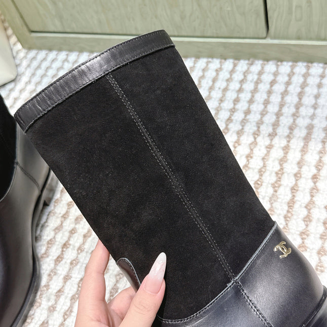 CHANEL 25S MID-CALF BOOTS IN BLACK SUEDE MIX CALFSKIN