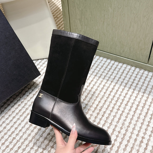 CHANEL 25S MID-CALF BOOTS IN BLACK SUEDE MIX CALFSKIN