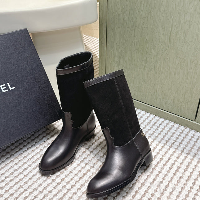 CHANEL 25S MID-CALF BOOTS IN BLACK SUEDE MIX CALFSKIN