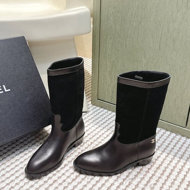 CHANEL 25S MID-CALF BOOTS IN BLACK SUEDE MIX CALFSKIN