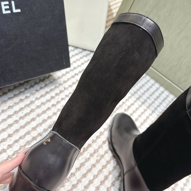 CHANEL 25S MID-CALF BOOTS IN BLACK SUEDE MIX CALFSKIN