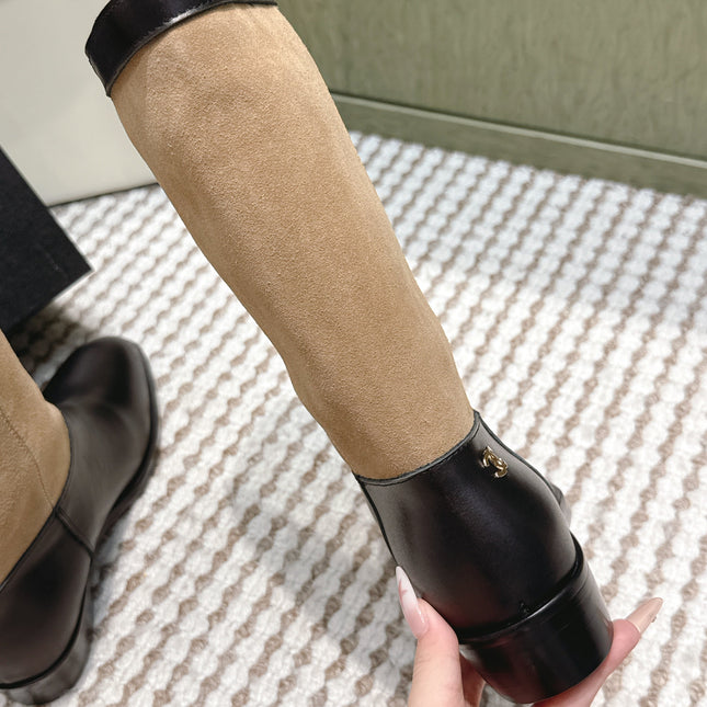 CHANEL 25S MID-CALF BOOTS IN TAN BROWN SUEDE MIX BLACK CALFSKIN