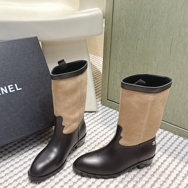 CHANEL 25S MID-CALF BOOTS IN TAN BROWN SUEDE MIX BLACK CALFSKIN