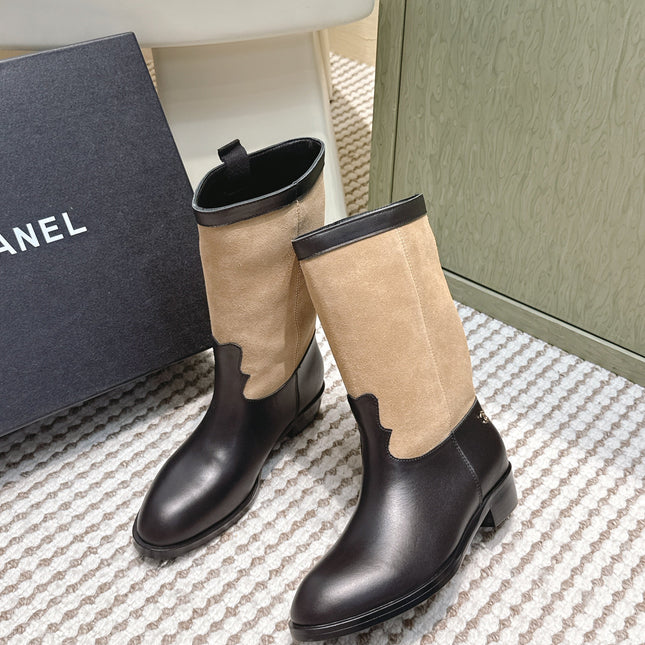 CHANEL 25S MID-CALF BOOTS IN TAN BROWN SUEDE MIX BLACK CALFSKIN