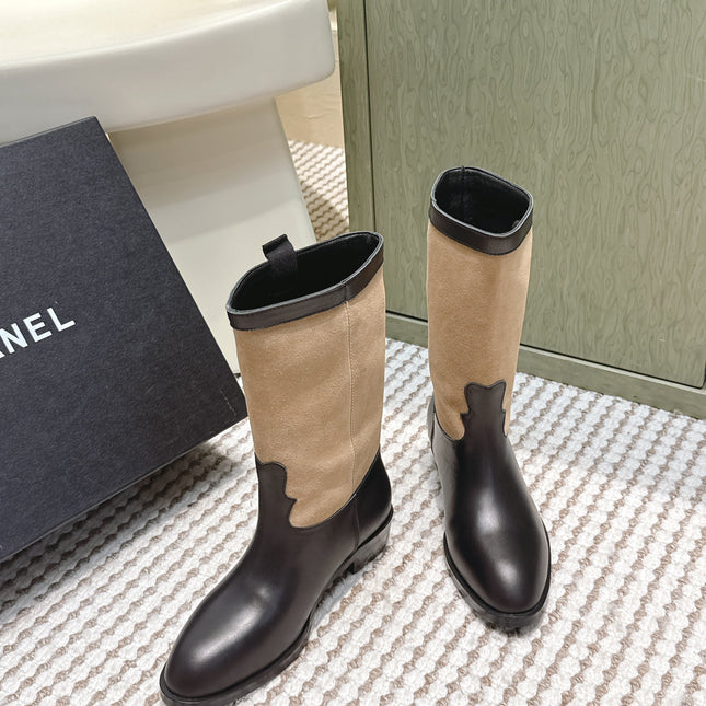 CHANEL 25S MID-CALF BOOTS IN TAN BROWN SUEDE MIX BLACK CALFSKIN