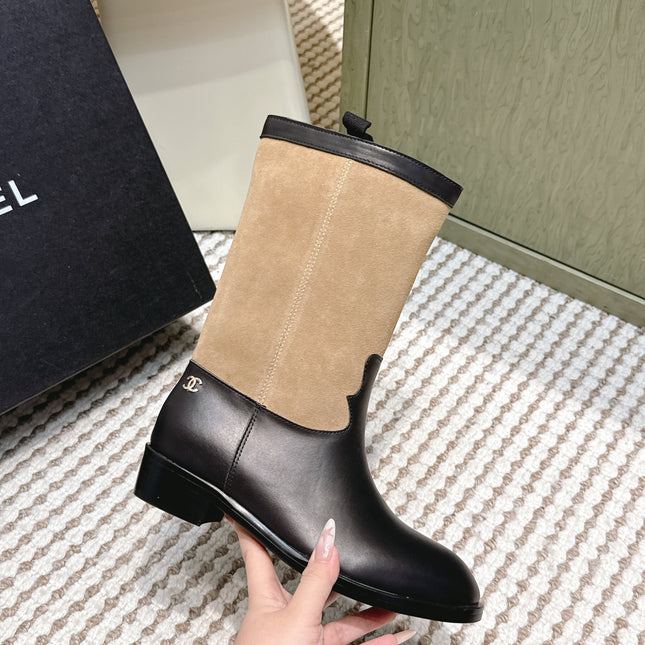 CHANEL 25S MID-CALF BOOTS IN TAN BROWN SUEDE MIX BLACK CALFSKIN