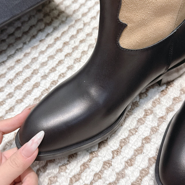 CHANEL 25S MID-CALF BOOTS IN TAN BROWN SUEDE MIX BLACK CALFSKIN