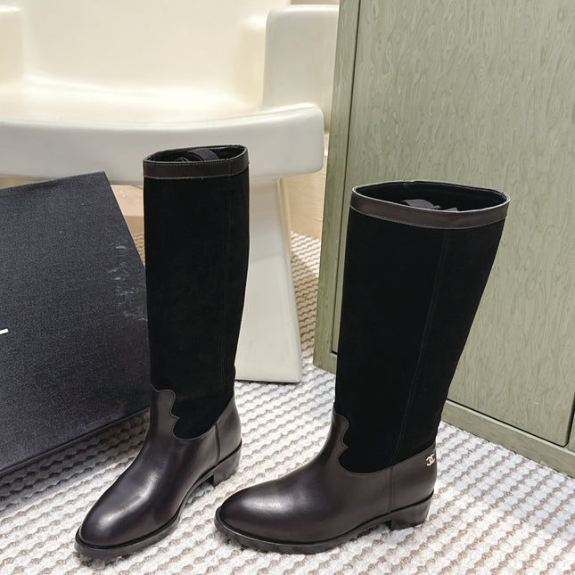 CHANEL 25S KNEE-HIGH BOOTS IN BLACK SUEDE AND CALFSKIN