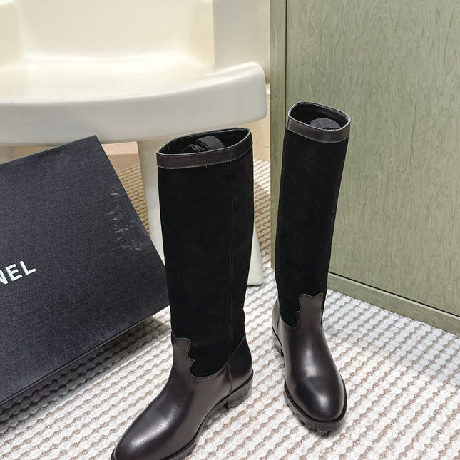 CHANEL 25S KNEE-HIGH BOOTS IN BLACK SUEDE AND CALFSKIN