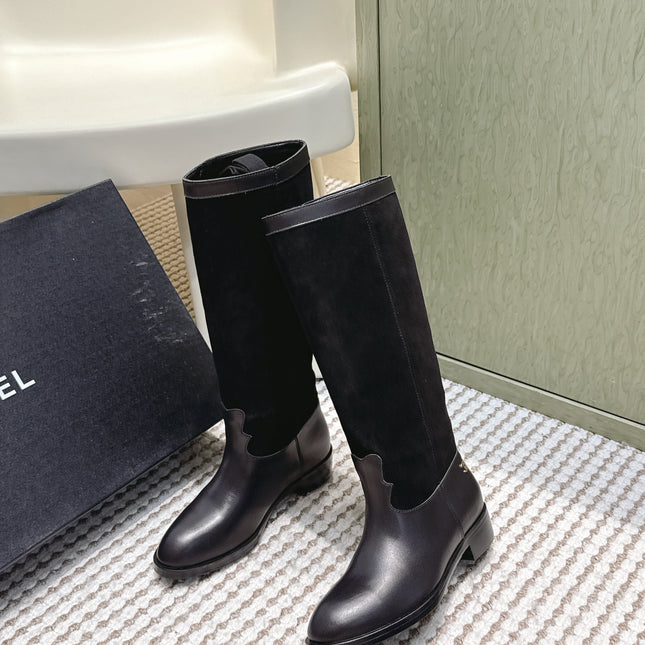 CHANEL 25S KNEE-HIGH BOOTS IN BLACK SUEDE AND CALFSKIN