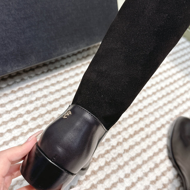 CHANEL 25S KNEE-HIGH BOOTS IN BLACK SUEDE AND CALFSKIN