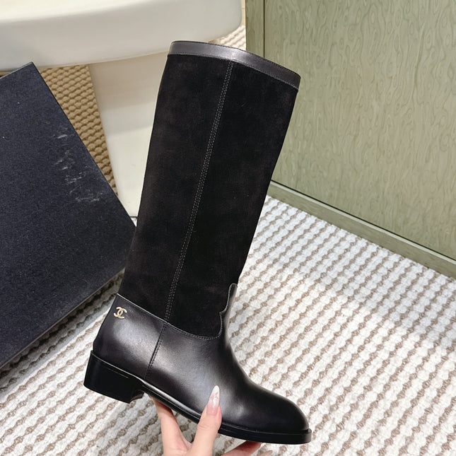 CHANEL 25S KNEE-HIGH BOOTS IN BLACK SUEDE AND CALFSKIN