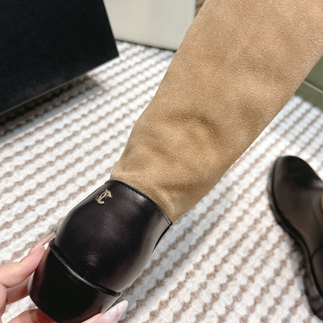 CHANEL 25S KNEE-HIGH BOOTS IN TAN BROWN SUEDE MIX BLACK CALFSKIN