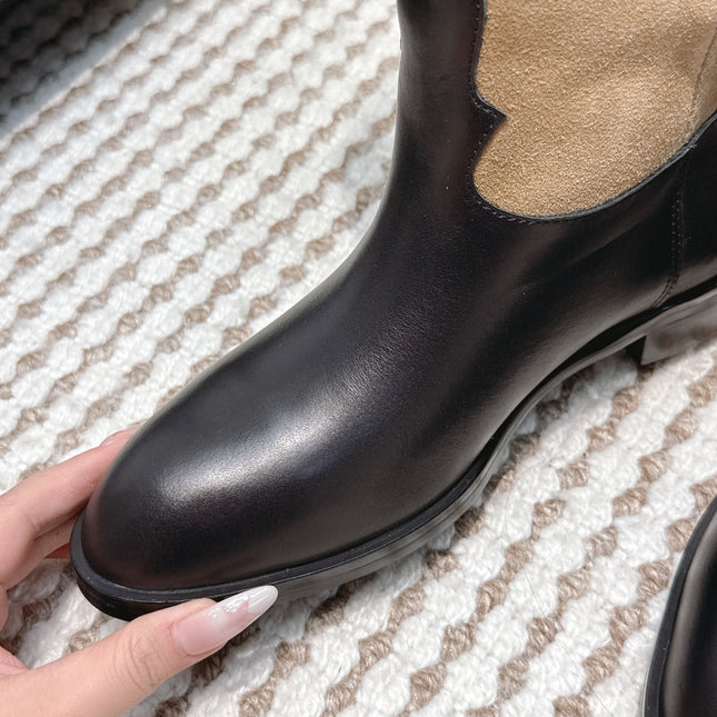 CHANEL 25S KNEE-HIGH BOOTS IN TAN BROWN SUEDE MIX BLACK CALFSKIN