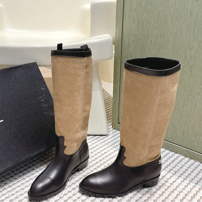 CHANEL 25S KNEE-HIGH BOOTS IN TAN BROWN SUEDE MIX BLACK CALFSKIN