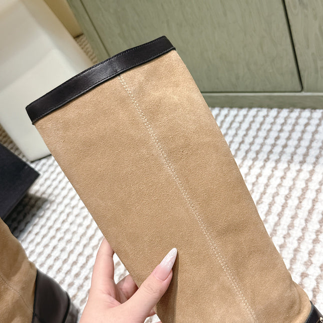 CHANEL 25S KNEE-HIGH BOOTS IN TAN BROWN SUEDE MIX BLACK CALFSKIN