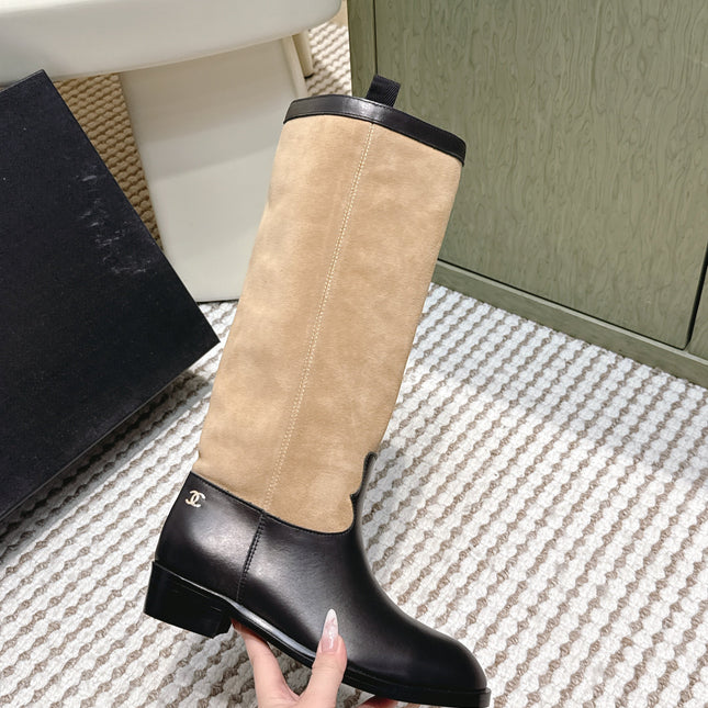 CHANEL 25S KNEE-HIGH BOOTS IN TAN BROWN SUEDE MIX BLACK CALFSKIN