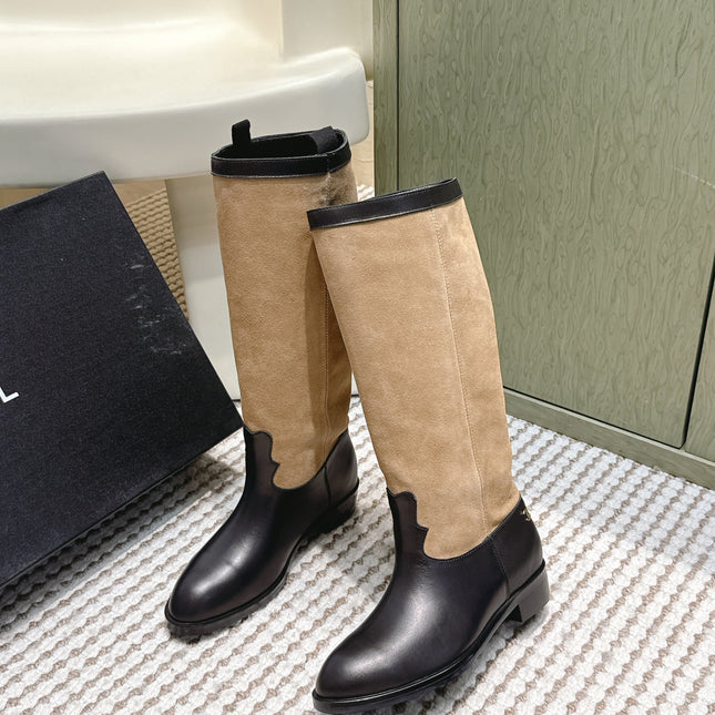 CHANEL 25S KNEE-HIGH BOOTS IN TAN BROWN SUEDE MIX BLACK CALFSKIN