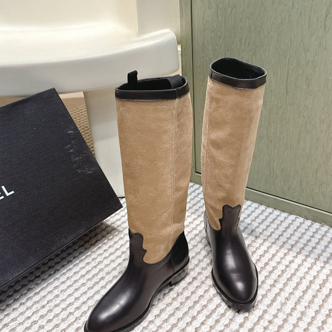 CHANEL 25S KNEE-HIGH BOOTS IN TAN BROWN SUEDE MIX BLACK CALFSKIN