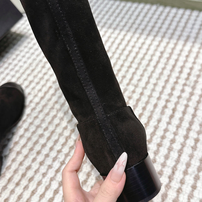 CHANEL 25S HIGH-CALF COWBOY BOOTS IN BLACK SUEDE AND CALFSKIN DIAMOND-QUILTED