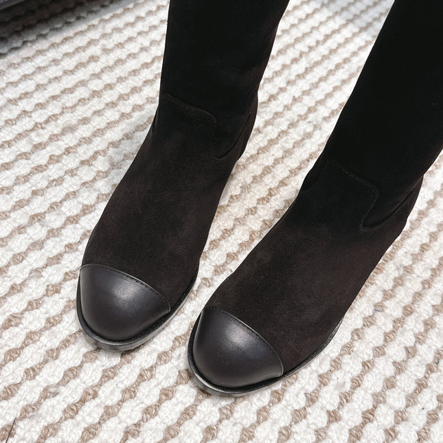 CHANEL 25S HIGH-CALF COWBOY BOOTS IN BLACK SUEDE AND CALFSKIN DIAMOND-QUILTED