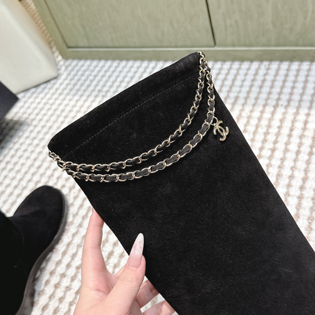 CHANEL 25S KNEE-HIGH BOOTS IN BLACK SUEDE GOLD HARDWARE