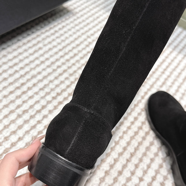 CHANEL 25S KNEE-HIGH BOOTS IN BLACK SUEDE GOLD HARDWARE