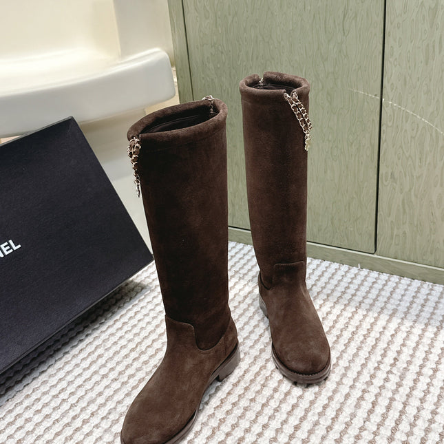 CHANEL 25S KNEE-HIGH BOOTS IN DARK BROWN SUEDE GOLD HARDWARE