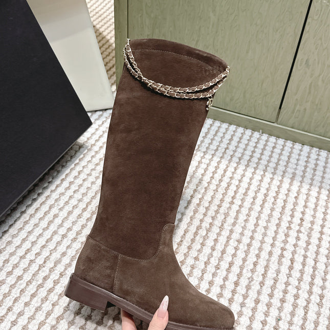 CHANEL 25S KNEE-HIGH BOOTS IN DARK BROWN SUEDE GOLD HARDWARE