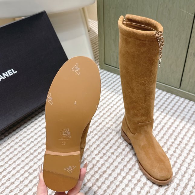 CHANEL 25S KNEE-HIGH BOOTS IN CARAMEL SUEDE GOLD HARDWARE