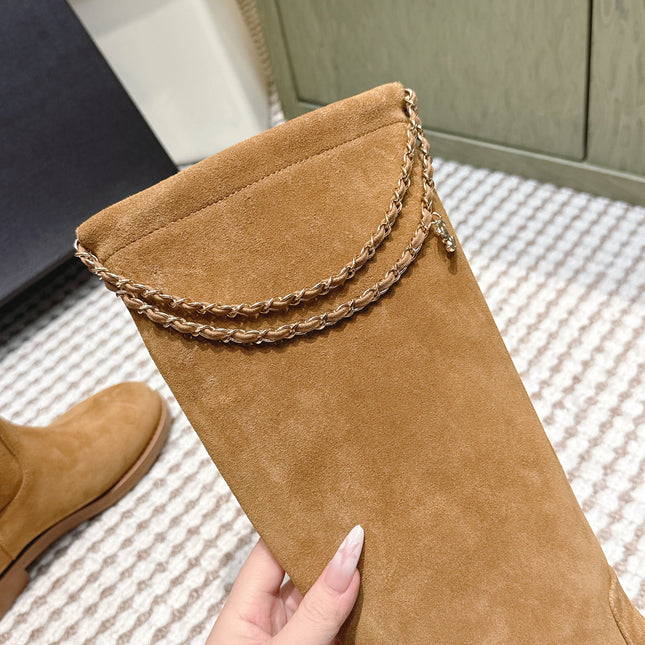 CHANEL 25S KNEE-HIGH BOOTS IN CARAMEL SUEDE GOLD HARDWARE