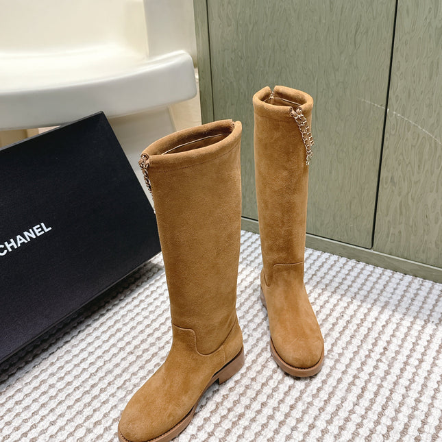 CHANEL 25S KNEE-HIGH BOOTS IN CARAMEL SUEDE GOLD HARDWARE