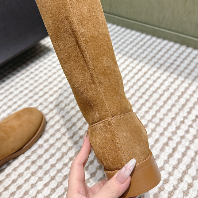 CHANEL 25S KNEE-HIGH BOOTS IN CARAMEL SUEDE GOLD HARDWARE