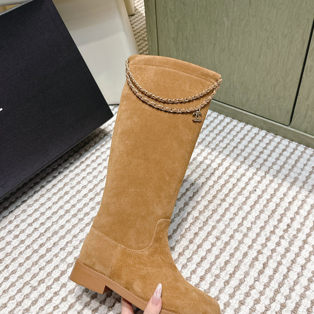 CHANEL 25S KNEE-HIGH BOOTS IN CARAMEL SUEDE GOLD HARDWARE